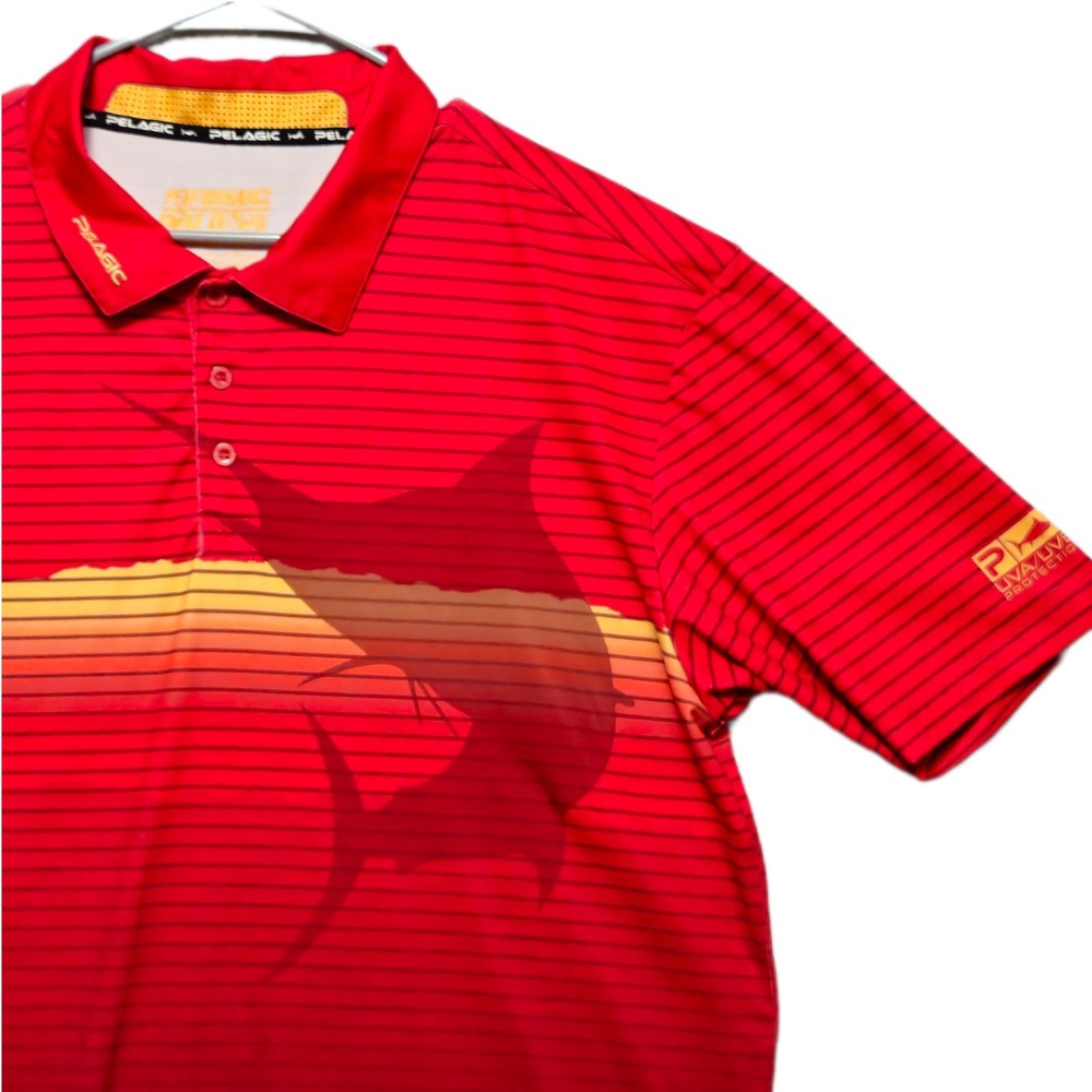 Pelagic Performance Polo Shirt Mens XXL Red Marlin Graphic UV Protection Fishing